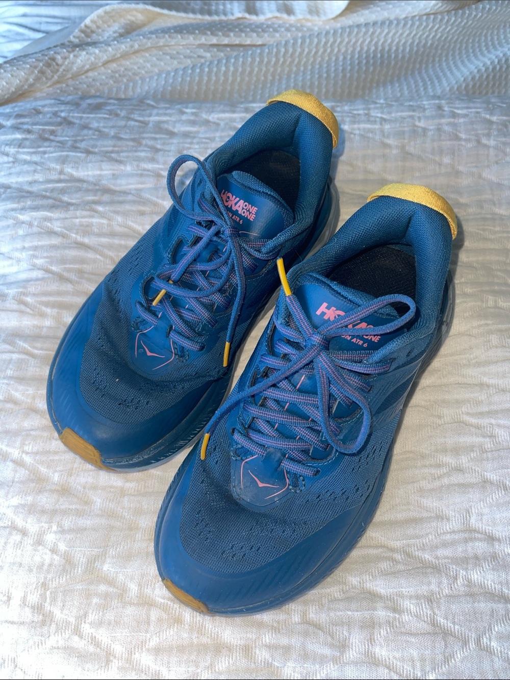 Hoka One One Blue Sneakers with Yellow Accents